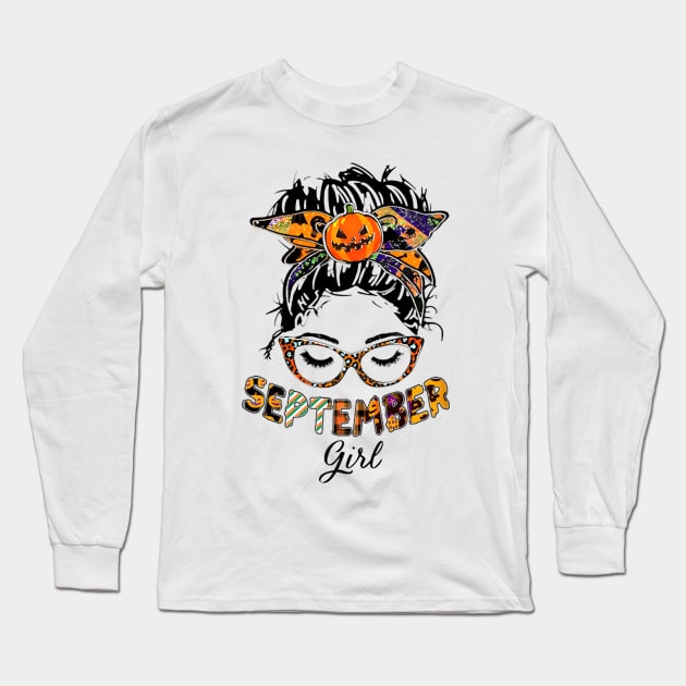 September Girl Halloween Face Wink Eyes Pumpkin Long Sleeve T-Shirt by tasmarashad